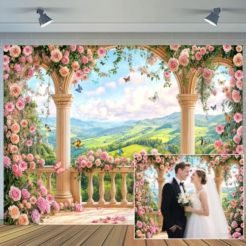 5X3ft Pink Floral Backdrop Garden Balcony Arch Retro Flowers Photography Background Wedding Birthday Party Decorations Baby Bridal Shower Portrait Photo Studio Props Wall Decor Banner - color: Multi4, size: 5X3FT