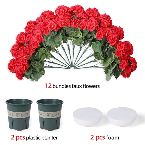 Geraniums Artificial Flowers for Outdoors, 2 Pack Potted Plants Fake Geranium Bush Realistic Fake Flowers UV Resistant Faux Flowers for Outdoor Planters Outside Gardens Front Door Yard Indoor, HotPink - color: Hotpink