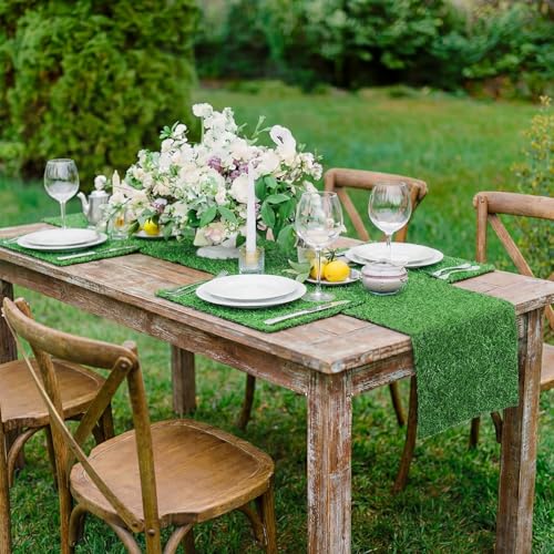 7 Pcs Artificial Grass Table Runner Set 12" x 36" Faux Grass Table Runner 12" x 12" Green Square Placemats Washable for Golf Themed Party, Dining Decorations, Wedding, Turf Patch DIY Craft