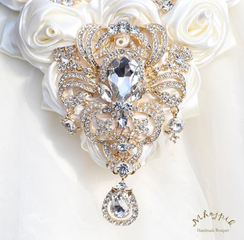 Luxury Cascade Bridal Wedding Bouquet Satin Rose Waterfall Holding Bouquet Artificial Flower Bunch for Bride Bridesmaid(Ivory, 17.3" x 8.7") - color: Ivory, size: 17.3"L x 8.7"W(44cm x 22cm)
