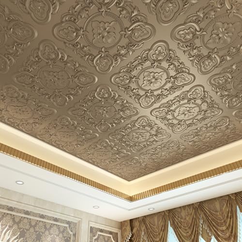 Art3dwallpanels 12 Pack Drop Ceiling Tiles, 24 x 24 Inch High Grade PVC 3D Wall Panels Vintage Flower Pattern for Interior Wall Decor, Fire Rated, Waterproof, Antique Gold - color: Antique Gold