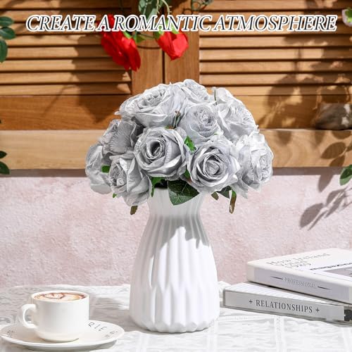 Hotop 20 Pcs Artificial Rose Flowers with Long Stem,Real Lifelike Silk Realistic Plastic Bouquet Roses Bulk for Home Decor Bridal Wedding Party Table Centerpieces Decorations (Silver) - color: Silver