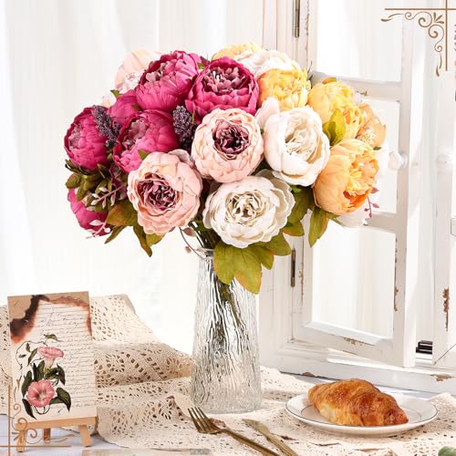 4 Bunches Peonies Artificial Flowers Faux Flowers Bouquet Silk Peony Hydrangea for Vase Wedding Centerpiece Bridal Shower Garden Party Home Decor (Orange Pink) - color: Orange Pink