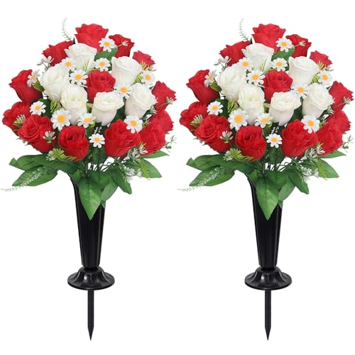 Wocst Artificial Cemetery Flowers for Grave Memorial Day Flowers for Cemetery,2Pack Artificial Silk Roses Daisy Bouquets with Cemetery Vases for Outdoor Grave Decorations ﻿ (Red White) - color: Red White