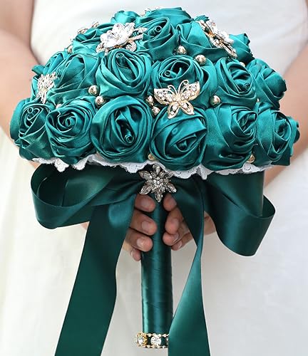 Sharebeauty 9.4" Handmade Satin Rose Bridal Bouquet Toss Round Wedding Bouquet Throw Toss Artificial Flower Bunch Dark Green - color: 809a Dark Green, size: 9.4"/24cm