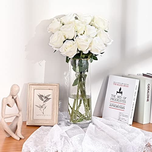 Waipfaru 16 Pcs Artificial Flowers Fake Silk White Roses Bulk, Faux Real Touch Roses Bouquet with Long Stem for Wedding Party Home Decor (White) - color: A-white, size: 16 Pcs