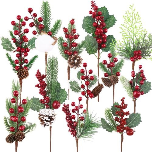 Pinecones Red Berry Picks Stems Christmas Floral Picks and Sprays 12 Pcs Christmas Holly Artificial Pine Pick Artificial Faux Pine Berry Holly Stems Berry Branches for Crafts Wreath Garland Tree Decor - color: Red and Green