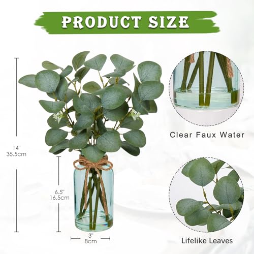 Briful Artificial Eucalyptus Stems in Blue Glass Vase with Faux Water, 14" Fake Plant Eucalyptus Leaves for Home Farmhouse Wedding Centerpiece Bathroom Décor - color: Blue