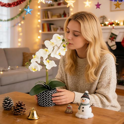 Orchid Artificial Flowers 16" White Fake Orchid Flowers in Black Ceramic Pot for Home Decor Office Bathroom Table Centerpiece Indoor (White#3) - color: White-black Patterned