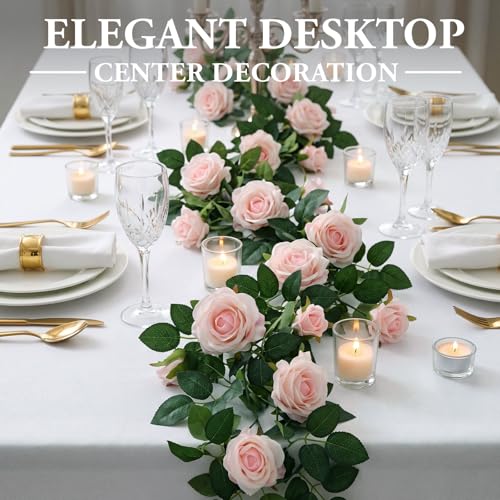 Zeyune 8 Pcs 54ft Artificial Pink Rose Flower Garland Realistic Silk Fake Flowers Hanging Vine for Wedding Party Arch Table Centerpieces and Wall Decor, Easy to Arrange - color: Pink