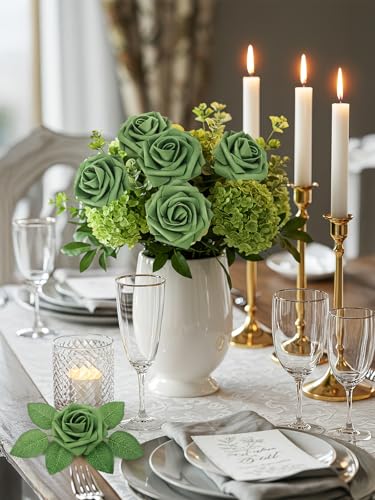 N&T NIETING Artificial Flowers,25pcs Real Touch Fake Flowers Rose with Stems Foam Flowers for DIY Cake Decoration Wedding Party Home Tables Decoration, Army Green - color: Army Green, size: 25pcs