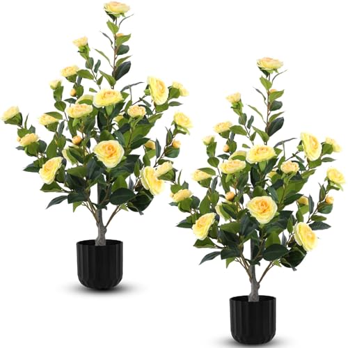 Hananona 2 Pcs Artificial Camellia Trees Faux Camellia Plant in Pot with Flowers Indoor Plants for Spring Home Decor Outdoor Porch Front Door Decor (Yellow, M) - color: Yellow