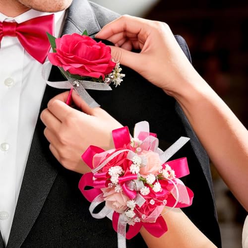 Prom Corsage and Boutonniere Set Hot Pink,Artificial Silk Rose Wrist Corsage for Homecoming, Formal Dance Party, Wedding,Graduation,Anniversary - color: Hot Pink
