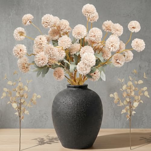 12 Pcs Beige Fake Flowers for Vase, 50 Heads Faux Silk Mums with Eucalyptus, Artificial Flowers with Long Stem, Chrysanthemums for Wedding Centerpieces Floral Arrangements Home Decor - color: Beige