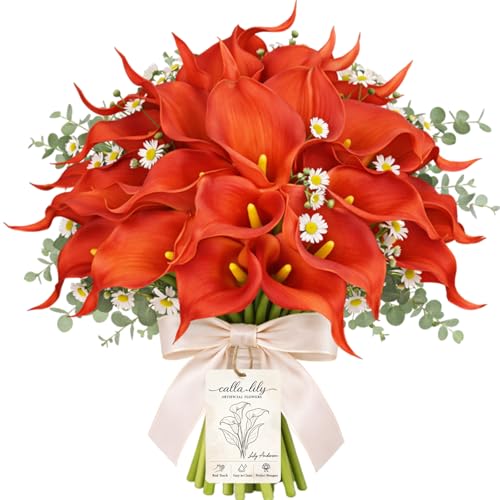 White Calla Lily Artificial Flowers 12/24/30 Pcs with Eucalyptus Leaves and Daisies, Real Touch Faux Calla Lilies Bouquet for Wedding Party Home Decor Memorial Display (Orange, 24PCS) - color: Orange, size: 24PCS