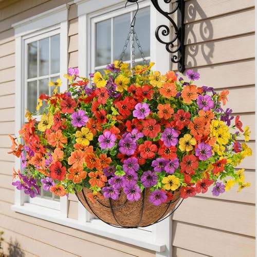 Artificial Faux Hanging Flowers Plants with Basket for Outdoor Spring Decoration, Fake Silk Daisy Outside Indoor UV Resistant Look Real Yard Patio Front Porch Garden Balcony Home Summer Decor(Mix2) - color: Red Orange Yellow Purple