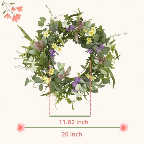 YNYLCHMX 20" Spring Summer Wreaths for Front Door, Artificial Floral Wreath with Multi-Colored Flower & Green Eucalyptus Leaves, Green Foliage Wreath for Wall Window Farmhouse Party Holiday Home Decor - color: Flower & Eucalyptus