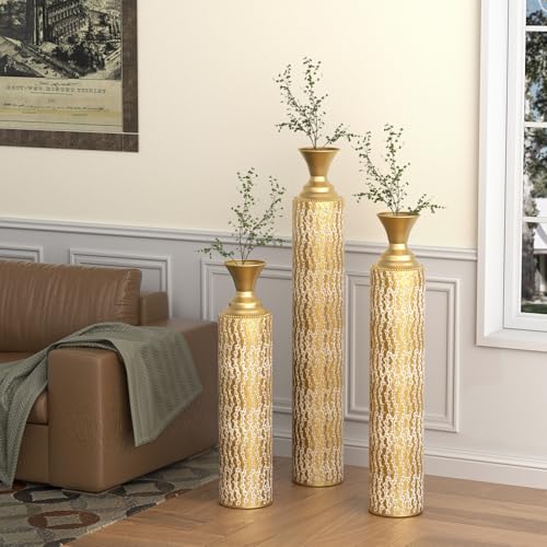 Metal Floor Vases Decorative, Set of 3 Flower Arrangement Stand, Metal Decorative Vase Tall Distressed Metallic Centerpiece Vases with Growing Vine Patterns, 34", 29", 25" H (Antique Gold1) - color: Antique Gold1