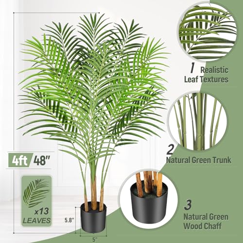 4ft Artificial Palm Tree Indoor Plant Tall Fake Tropical Paradise Palm Tree in Pot with Real Bark Design Faux Areca Palm Tree for Home Office Living Room Bedroom Farmhouse Modern Decor 1pcs - size: 4ft