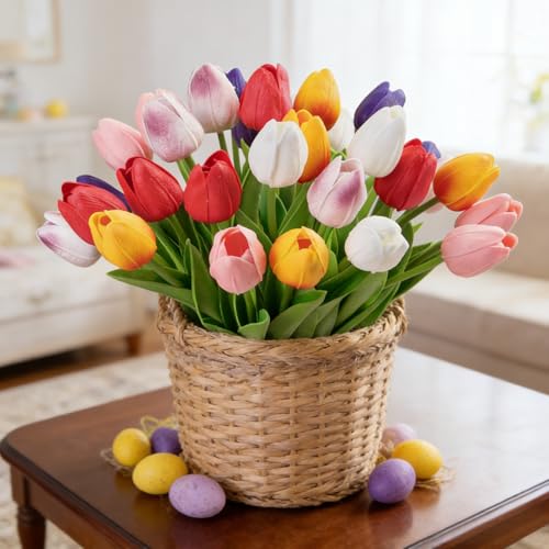 Ouddy Decor 30 Pcs Multicolor Tulips Artificial Flowers Real Touch PU Faux Flowers Fake Tulips Stems for Spring Summer Bouquet Floral Room Table Party Wedding Easter Mothers Gifts Home Decorations - color: Multi Color
