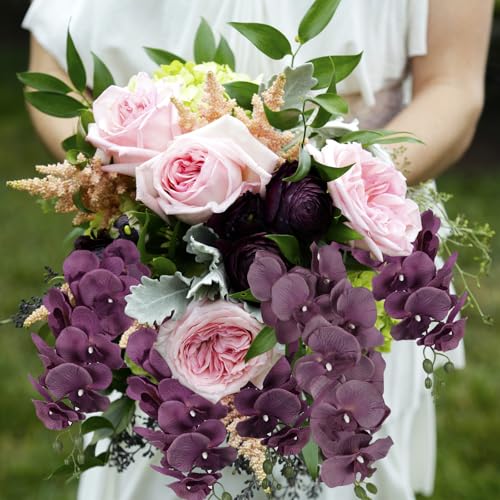 IPOPU 6Pcs Purple Orchids Artificial Flowers 37.4" Long Stem Fake Silk Orchid Look Real Flowers for Tall Vase Faux Orchids with 9 Large Blooms for Wedding Home Dining Table Centerpiece Decor (Purple) - color: Purple