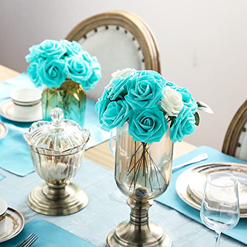 Syhood Artificial Foam Rose Flowers Vintage Fake Roses DIY Bouquets with Leaves and Stems for Wedding Bridal Shower Party Centerpieces Home Romantic Decor(Turquoise,50 Pieces) - color: Turquoise