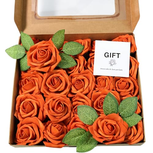 Artificial Flowers 25 Pack Orange Faux Foam Roses with Stems, Real Looking Fake Rose for DIY Wedding Bouquets, Bridal Shower Centerpieces, Party Table Decorations, Home Decor - color: Orange, size: 25Pcs