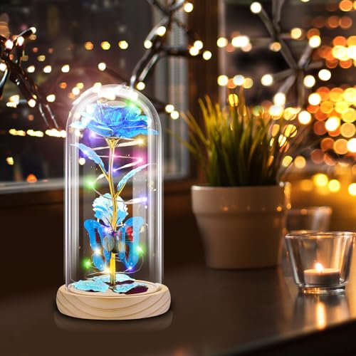 Otlonpe Preserved Artificial Rose Flower Lamp, Forever Women Gifts for Birthday Christmas Valentines Mothers Day, 7.7'' Glass Rose Wood Base Butterfly, Gifts for Mom Grandma Daughter Wife Girlfriend - color: Wood Blue