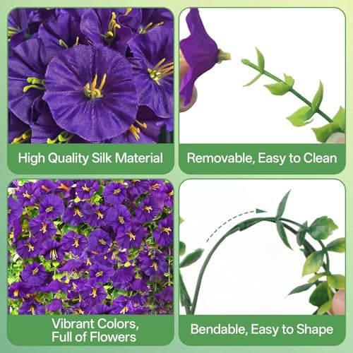 Artificial Hanging Flowers for Outdoors, 4 PCS UV Resistant Morning Glory Flowers with Eucalyptus Leaves, Silk Fake Flower Realistic Faux Plants for Home Patio Porch Garden Decor, Purple - color: Purple