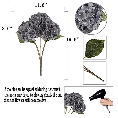 2Bouquets Artificial Fake Flowers Plants Silk Hydrangea Arrangements Wedding Bouquets Decorations Plastic Floral Home Kitchen Garden Party Festival Bar DIY (Gray,5 Flower Heads) - color: Gray,5 Flower Heads