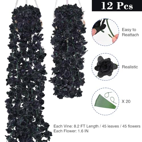 BLEUM CADE 12Pcs 98.4Ft Flower Garland Artificial Rose Vines for Bedroom, Cute Fake Hanging Flower Vines Floral Garland Decorations for Halloween Wedding Party Wall Room Decor Aesthetic - color: Black, size: 12 Pcs