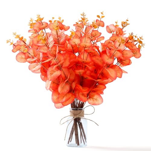 SITUMEIZI 10 Pcs Fall Eucalyptus Stems Fall Flower Fake Orange Eucalyptus Leaves for Thanksgiving Decoations Fall Party Home Bedroom Decor 13.4 inch - color: Autumn