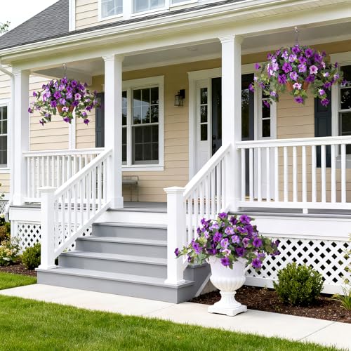 Artificial Petunia Flowers with Hanging Basket for Outdoors, 3 Pcs Fake Hanging Flowers UV Resistant Faux Silk Plants for Garden Porch Yard Patio Realistic Home Spring Decor(Double Purple) - color: F-double Purple Basket