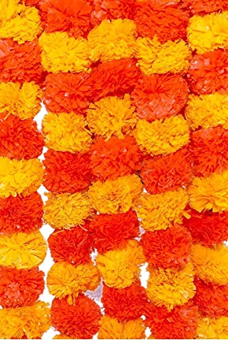 Artificial Marigold Garland for Decoration 5 Pcs of 5 feet Long Strands Artificial Marigold Flowers, Indian Decor for Pooja, Wedding Christmas, Events Decorations (Yellow + Orange) - color: Yellow + Orange