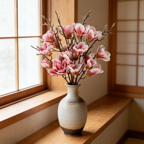 2 PCS 35inch Artificial Magnolia Flowers 3D Real Touch 10 Heads Faux Magnolia Flowers Realistic Long Stem with Green Leaves for Home Wedding Table Office Floral Arrangement Decoration (Pink) - color: Pink, size: 2 PCS