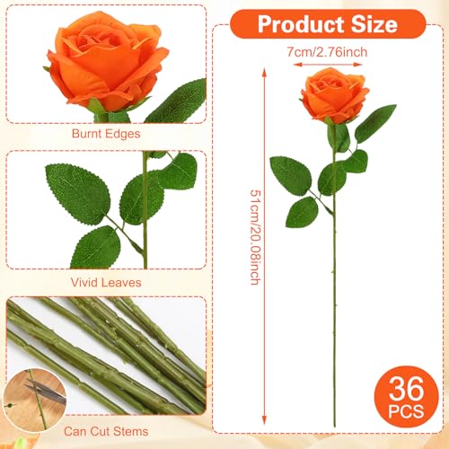 36 Pcs Orange Artificial Roses with Long Stems, Fake Silk Rose Artificial Flowers Bulk for Bridal Wedding Bouquet Centerpiece Ball Arrangement Party Decor - color: Orange