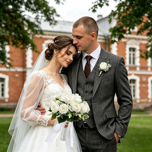 CYANLUX Wedding Bouquets for Bride Bridesmaid Bouquet Champagne White Artificial Roses Flowers for Wedding Valentine's Day Church Home Decoration (1#White)… - color: 1#white