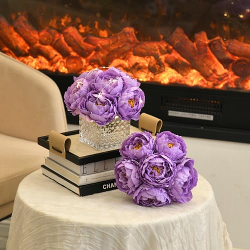 Artificial Peony Silk Flower Centerpieces with LED Light Faux Floral Arrangement in Glass Vase for Home Wedding Table Decoration (Purple) - color: Light-purple