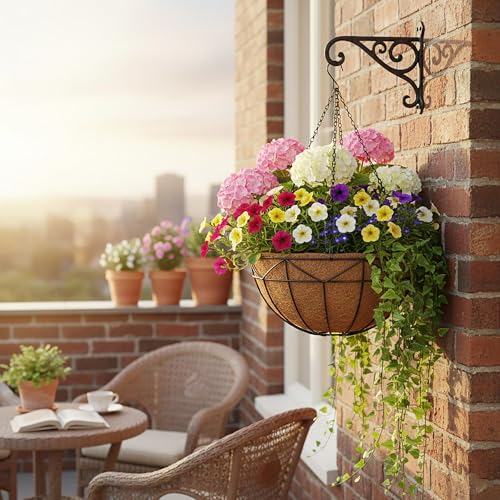 Unique Metal Iron Geometric Hanging Planter Set of 4 Stylish 12 Inch Extra Deep Coco Liner Breathable Heavy Duty Balcony Tree Hanging Basket Drop Weatherproof - size: 12 Inch, style: Geometric