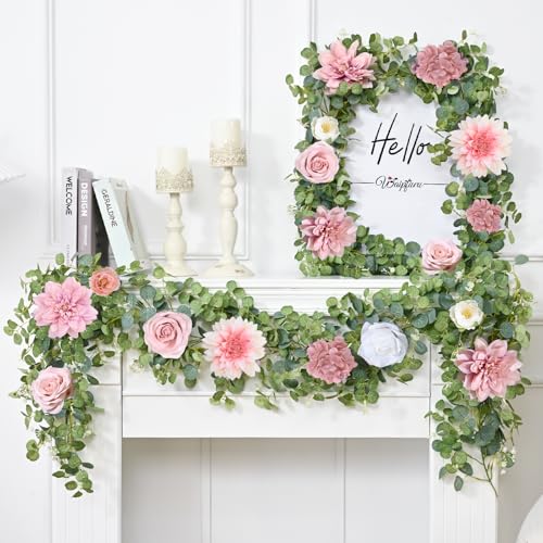 Waipfaru 2 Pcs Flower Garland, 12.14ft Eucalyptus Garland Vines with Flowers for Wedding Reception Table Mantle Spring Room Decor (Rose Pink) - color: Rose Pink-12.14ft, size: 2 Pack