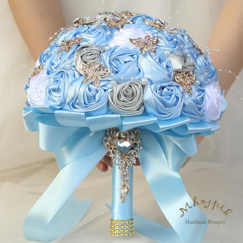Handmade Wedding Flowers Bouquet Round Holding Bridal Bouquet Artificial Satin Roses Bunch for Bride Bridesmaid Wedding Quinceanera - color: Light Blue, Silver & White, size: Medium (Dia. 8.7"/22cm)