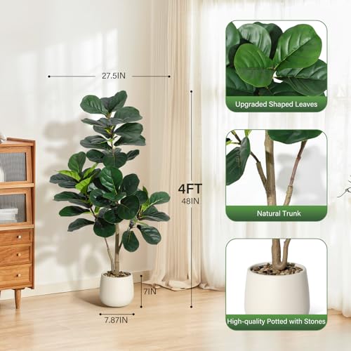 4 ft Fiddle Leaf Fig Tree Artificial with 48 Leaves - Realistic Faux Ficus Lyrata Trees in 7.8 in White Planter Pot, Indoor Fake Floor Plants for Home Office Living Room Decor, Housewarming Gift - color: With White Planter, size: 4ft