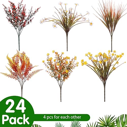Cindeer 24 Bundles Artificial Flowers Planters Bulk for Outdoors, UV Resistant Artificial Fake Greenery Plastic Faux Flowers Plant Outdoor Indoor Spring Summer for Decors Wedding(Fall Color) - color: Fall Color