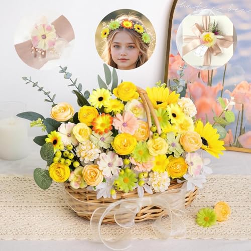 Fake Flower Heads for Crafts, 66PCS Mini Artificial Flowers Bulk, Small Silk Daisy Rose Sunflower Faux Floral Heads for DIY Hair Clips, Wedding Cake, Graduation Cap, Wreath & Party Decoration - color: Yellow