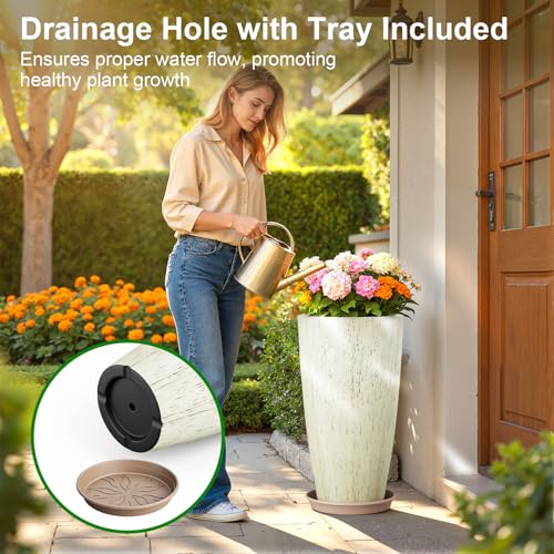 QCQHDU 21 inch Tall Planters for Outdoor & Indoor Plants, 2 Pack Sturdy Plant-Flower-Tree Pots for Front Porch Patio Deck Living Room Decor - color: Beige, size: 21 inch