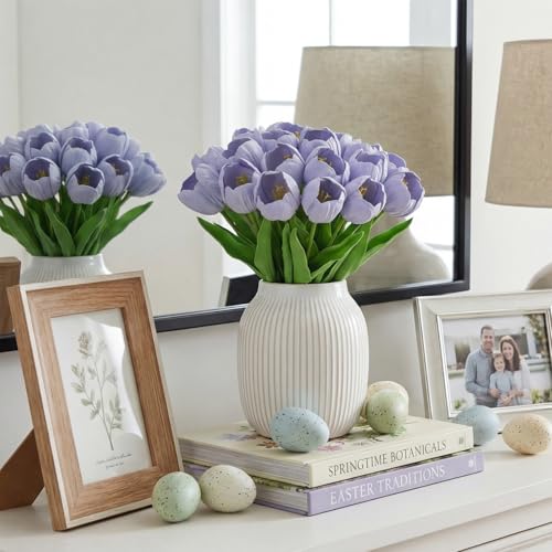 20pcs Real Touch Artificial Tulips Flowers Blue Fake Tulips for Wedding Spring Bouquet Floral Arrangement Valentine's Gift Mother's Day Home Easter Party Office Decorations (Blue) - color: Blue