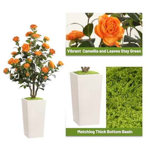 Romantic Season 4FT Artificial Camellia Tree with White Tall Planter, Orange Faux Camellia Plant Flower Tree for Modern Home Office Living Room Floor Décor Outdoor Indoor，Orange - color: Orange