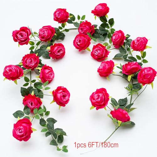 Bendable Artificial Flower Garland Faux Rose Vine Hanging Floral Garland for Wall Decor Trellis Fence Home Room Garden Wedding Decoration(Fuchsia, 2pcs) - color: Fuchsia, size: 2pcs
