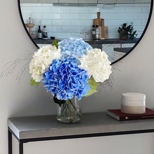 YalzoneMet 4 Pcs Real Touch Hydrangea Artificial Flower Natural Lifelike 21'' Long Stem Latex Hydrangea Flower Gift for Home Party Outdoor Wedding Table Centerpiece Decor 2 White +1 Blue +1 Light Blue - color: White Light/Dark Blue