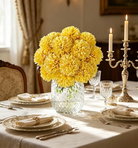 20Pcs Yellow Chrysanthemums Artificial Flowers Fake Silk Ball Flowers Mums Bouquets Arrangements Wedding Party Decor St Patricks Day Home Garden Table Centerpieces DIY Floral (Yellow) - color: Yellow